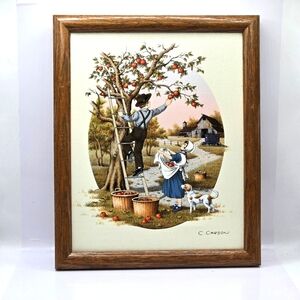 VTG Amish Children Picking Apples Dog Framed Signed Painting C. Carson 8x10